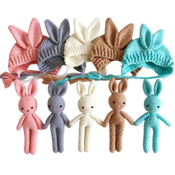 Newborn Photography Accessories Lovely Handmade Wool Knitting Bunny Hat and Rabbit Doll Toys Decor Baby Photo Shooting Props