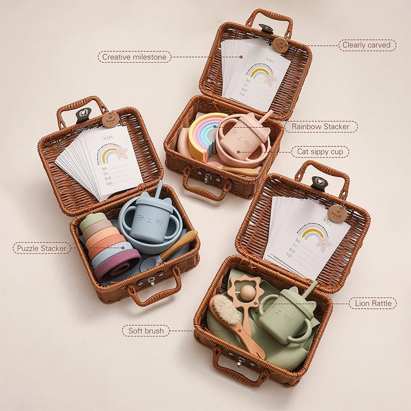 Baby Feeding Tableware Box Set Gifts Baby Silicone Rainbow Stacker Toy Set Baby Birth Vintage Box photography Commemorate Gifts