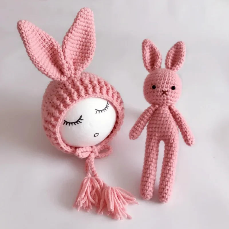 Newborn Photography Accessories Lovely Handmade Wool Knitting Bunny Hat and Rabbit Doll Toys Decor Baby Photo Shooting Props