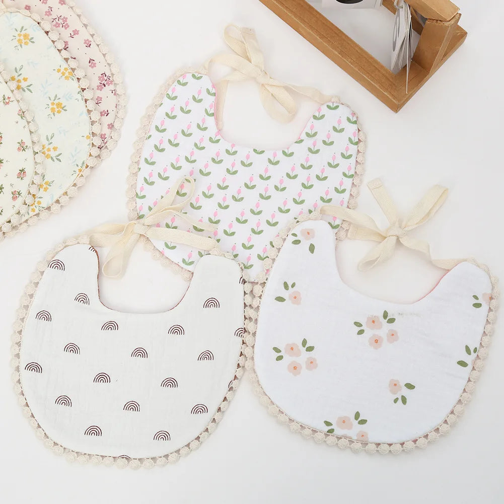 New Baby Bib Cute Flowers Ruffle Linen Bibs Bebe Burp Cloth Baby Stuff Kids Feeding Items Burp Clothes Saliva Towel Boy Girl Bib
